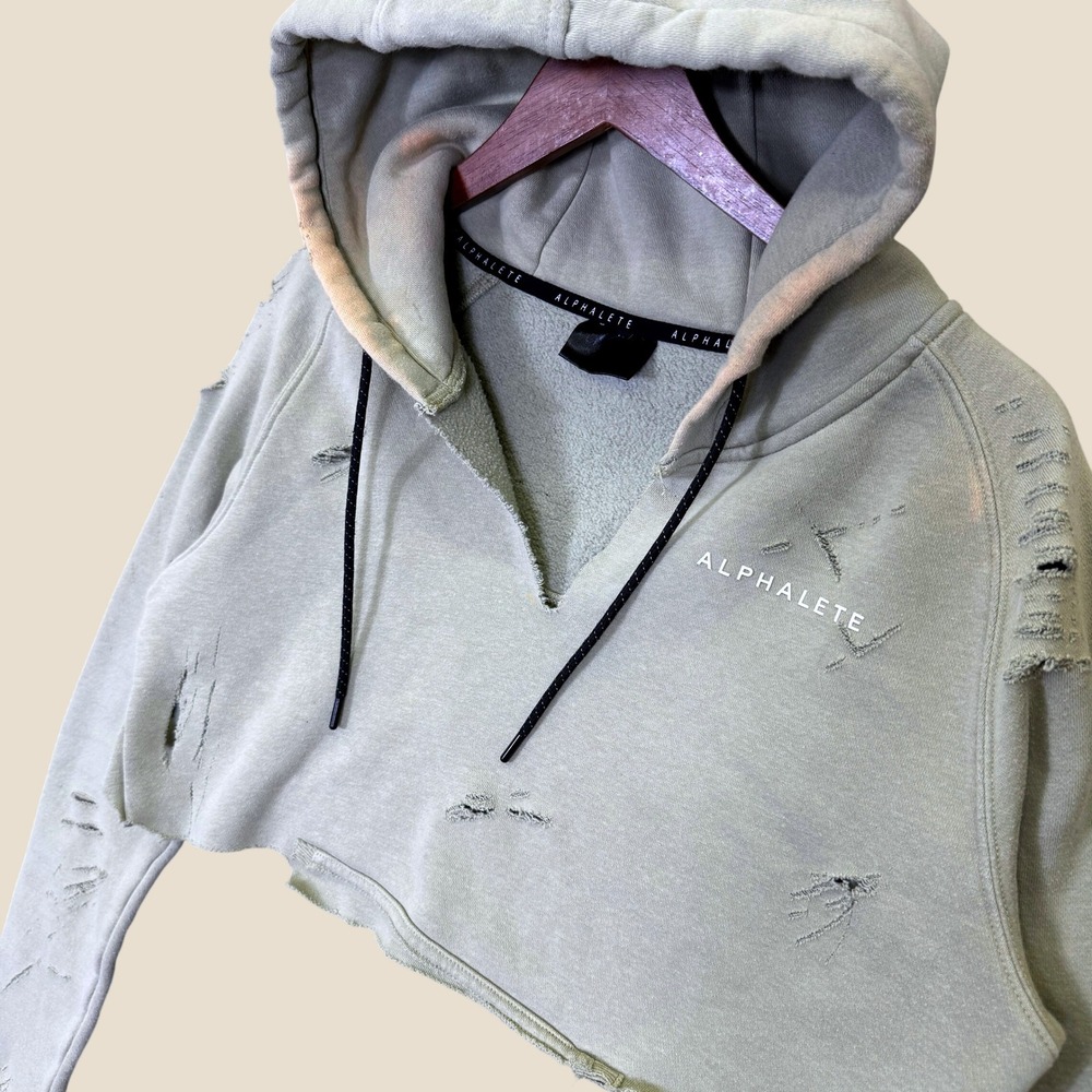 Alphalete Hoodie Women M Sage Green Distressed Cropped Raw Hem Athletic Gym Wear